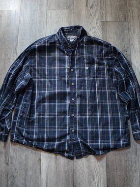 Carhartt Plaid Button Down Shirt Mens 2XL Long Sleeve Navy Blue Gold Workwear